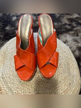 BCBG Orange Patent Wedge Sandals